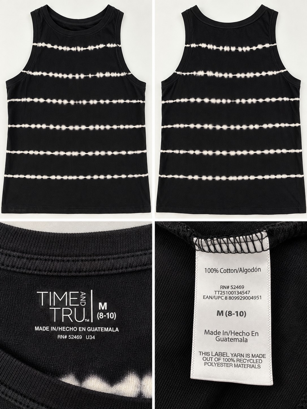 Time and Tru Black and White Tie-Dye Stripe Tank